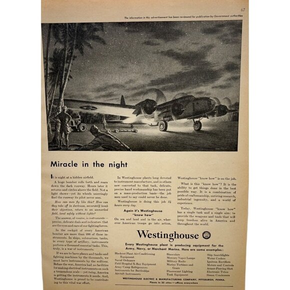 Westinghouse Vintage Print Ad 1940s WWII Bomber Plane Miracle Airfield at Night - Picture 6 of 6